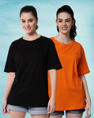 FUNDAY FASHION Solid Women Boat Neck Black, Orange T-Shirt