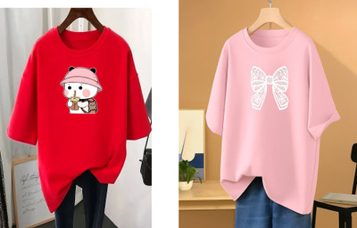 RAPTUROUS Printed Women Round Neck Red, Pink T-Shirt