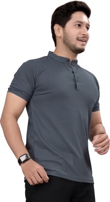 iCome Solid Men Mandarin Collar Grey T-Shirt