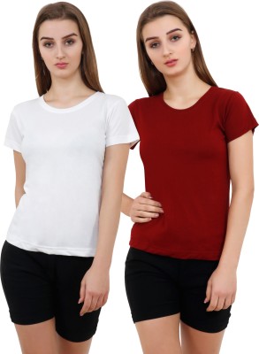 Reifica Solid Women Round Neck White, Maroon T-Shirt