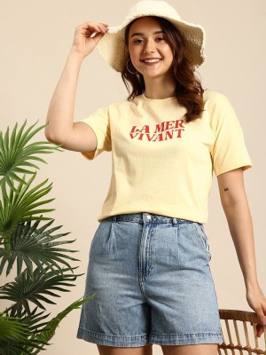 Mast & Harbour Printed Women Round Neck Yellow T-Shirt