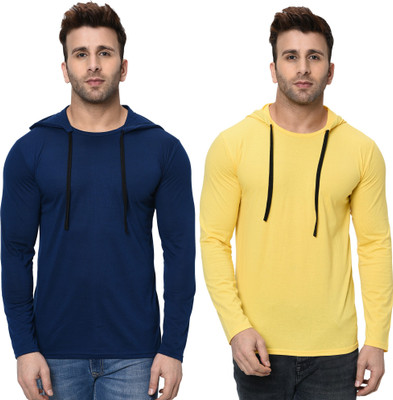 Adorbs Trend Solid Men Hooded Neck Dark Blue, Yellow T-Shirt
