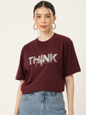 SLENOR Printed, Typography Women Round Neck Maroon T-Shirt