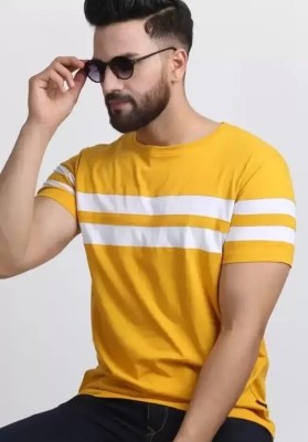 FASHA Striped Men Round Neck Yellow T-Shirt