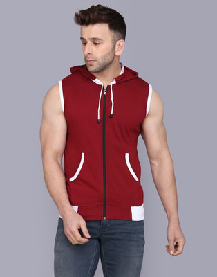 LIFEIDEA Solid Men Hooded Neck White, Maroon T-Shirt