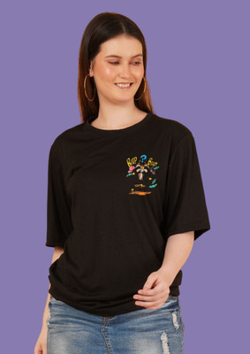 Lecowar Printed Women Round Neck Black T-Shirt