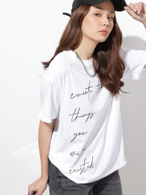 Roadster Printed Women Round Neck White T-Shirt