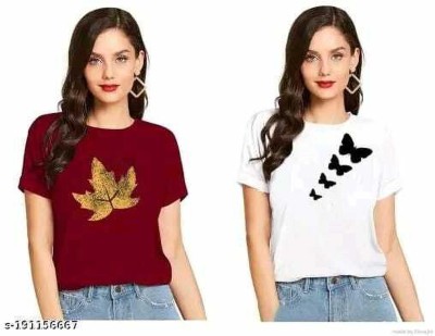 Lasmo Printed Women Round Neck White, Maroon T-Shirt