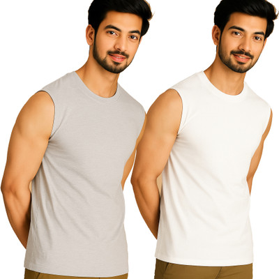 Adorbs Solid Men Round Neck Grey, White T-Shirt