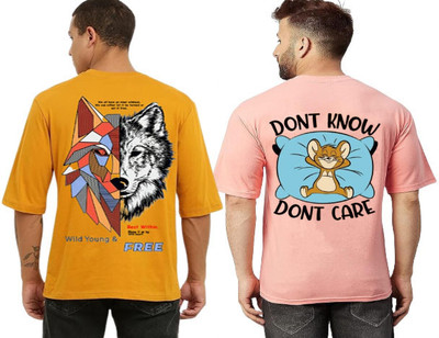 Clothy Trend Printed Men Round Neck Yellow, Pink T-Shirt