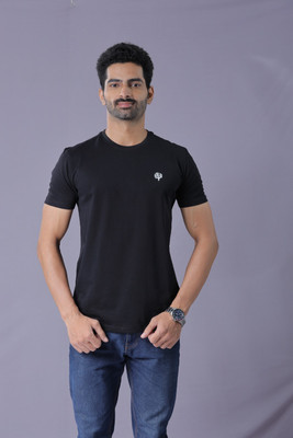 LEAFCARE Self Design Men Round Neck Black T-Shirt