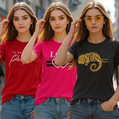 Fabflee Solid Women Round Neck Multicolor T-Shirt
