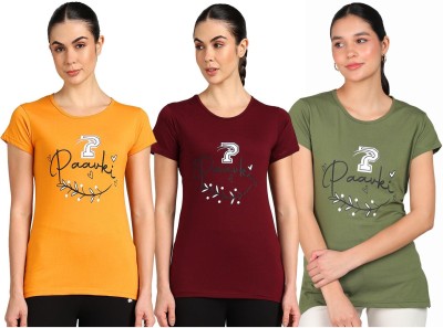 Paavki Printed Women Round Neck Yellow, Maroon, Green T-Shirt