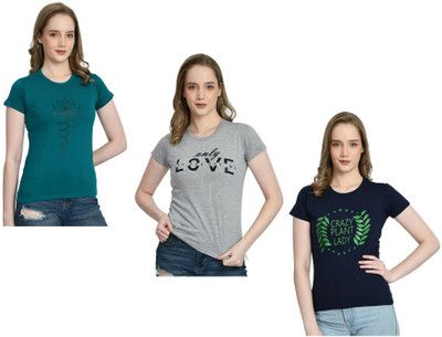 IndiWeaves Printed Women Round Neck Green, Grey, Navy Blue T-Shirt