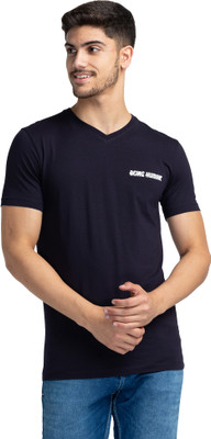 BEING HUMAN Solid Men V Neck Blue T-Shirt