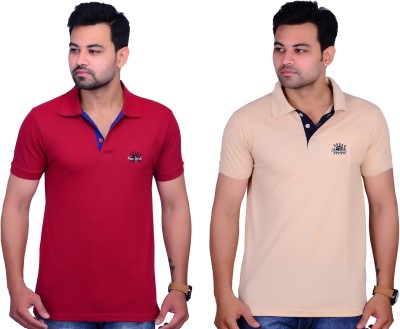 La Milano Solid Men Polo Neck Beige, Maroon T-Shirt