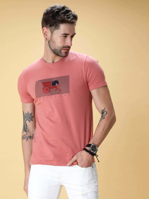 Estilocus Printed Men Round Neck Pink T-Shirt