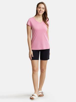 JOCKEY Solid Women V Neck Pink T-Shirt