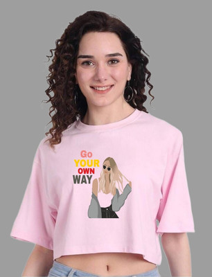SPOWEARY Printed Women Round Neck Pink T-Shirt