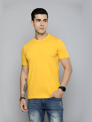 R.Code by The Roadster Life Co. Solid Men Round Neck Yellow T-Shirt