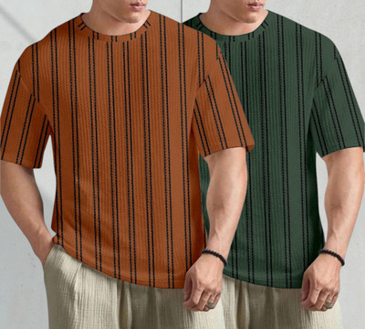 METRONAUT Striped, Self Design Men Round Neck Orange, Green T-Shirt