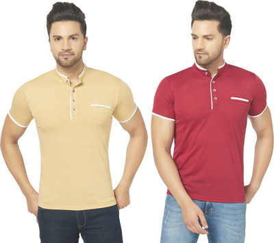 JB Jagoboy Solid Men Henley Neck Maroon, Beige T-Shirt