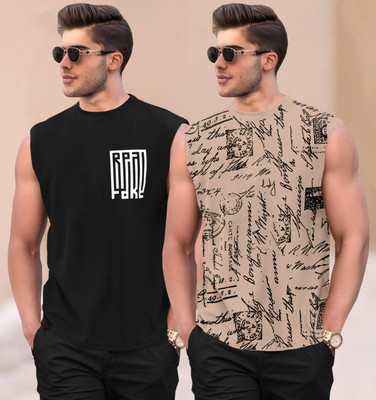 TRIPR Printed Men Round Neck Black, Beige T-Shirt