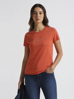 Pepe Jeans Graphic Print Women Round Neck Orange T-Shirt