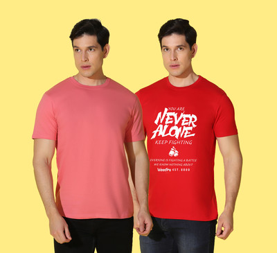 WOOSTRO Printed Men Round Neck Red, Pink T-Shirt