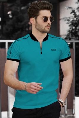 TRIPR Solid Men Mandarin Collar Green T-Shirt