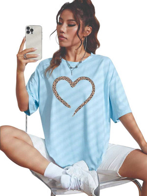 V-Mens Printed Women Round Neck Light Blue T-Shirt