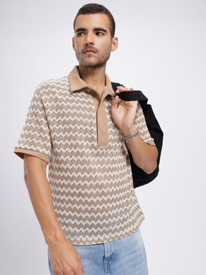 Glitchez Self Design Men Polo Neck Beige T-Shirt