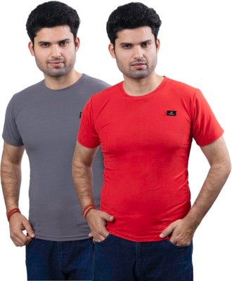 swastika vastram Solid Men Round Neck Grey, Red T-Shirt