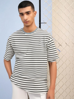 MACK JONNEY Striped Men Round Neck Grey T-Shirt