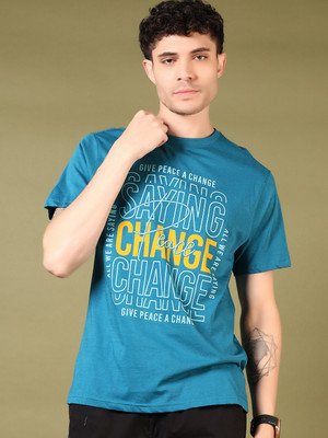 V-MART Printed Men Round Neck Dark Blue T-Shirt
