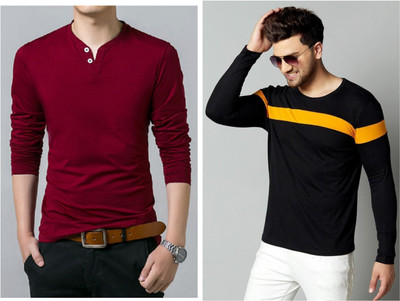 Meetri Solid, Colorblock Men Henley Neck Maroon, Black T-Shirt