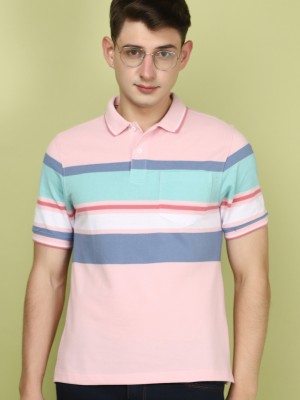 V-MART Striped Men Polo Neck Pink T-Shirt