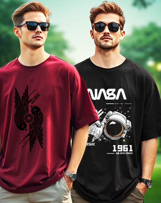 ENITOR Printed Men Round Neck Maroon, Black T-Shirt