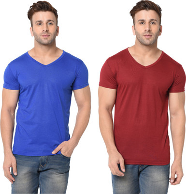 Tresna Trending Solid Men V Neck Blue, Maroon T-Shirt