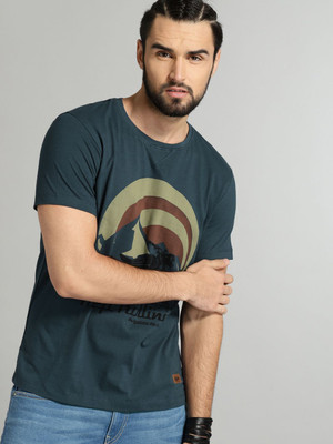 Roadster Printed Men Round Neck Blue T-Shirt