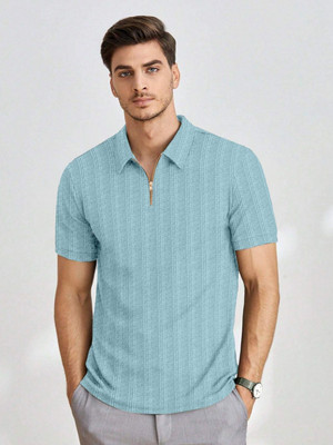 Moda Rapido Self Design Men Polo Neck Blue T-Shirt