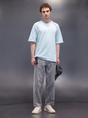 WROGN Solid Men Crew Neck Light Blue T-Shirt