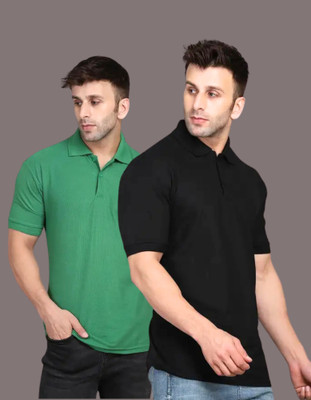 URBANICE Solid Men Polo Neck Black, Green T-Shirt