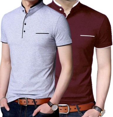 Lets Shine Solid Men Mandarin Collar Grey, Maroon T-Shirt