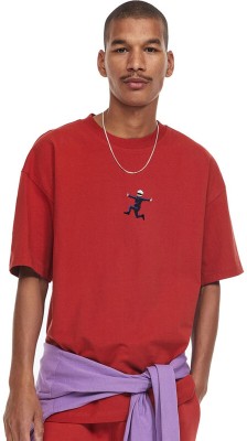 Besick Self Design Men Round Neck Red T-Shirt