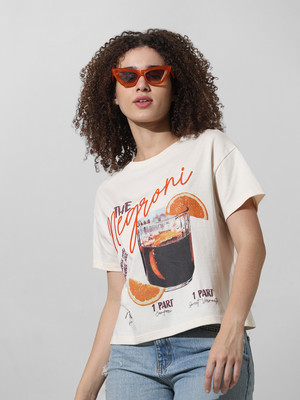 ONLY Printed, Typography Women Round Neck White T-Shirt