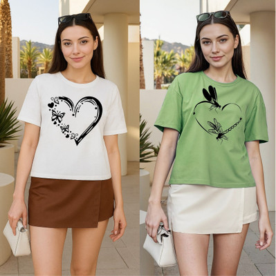 Kasendra Printed Women Round Neck White, Green T-Shirt