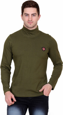 Styvibe Solid Men Turtle Neck Dark Green T-Shirt