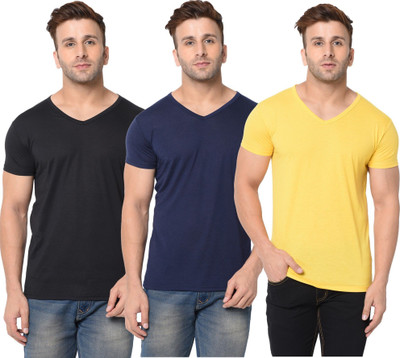 JB Jagoboy Solid Men V Neck Blue, Black, Yellow T-Shirt