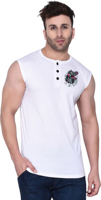 GEUM Graphic Print Men Henley Neck White T-Shirt
